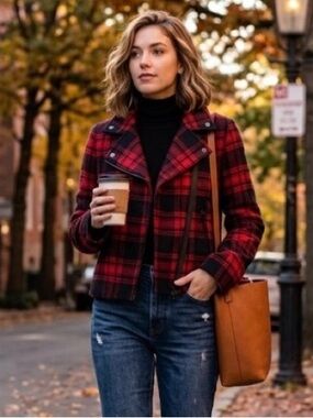 NWOT- GAP Red & Black Plaid Moto Jacket | Asymmetrical Zip Wool Blend Coat